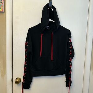 Tripp Black Hoodie with Red Lace-Up Sleeves